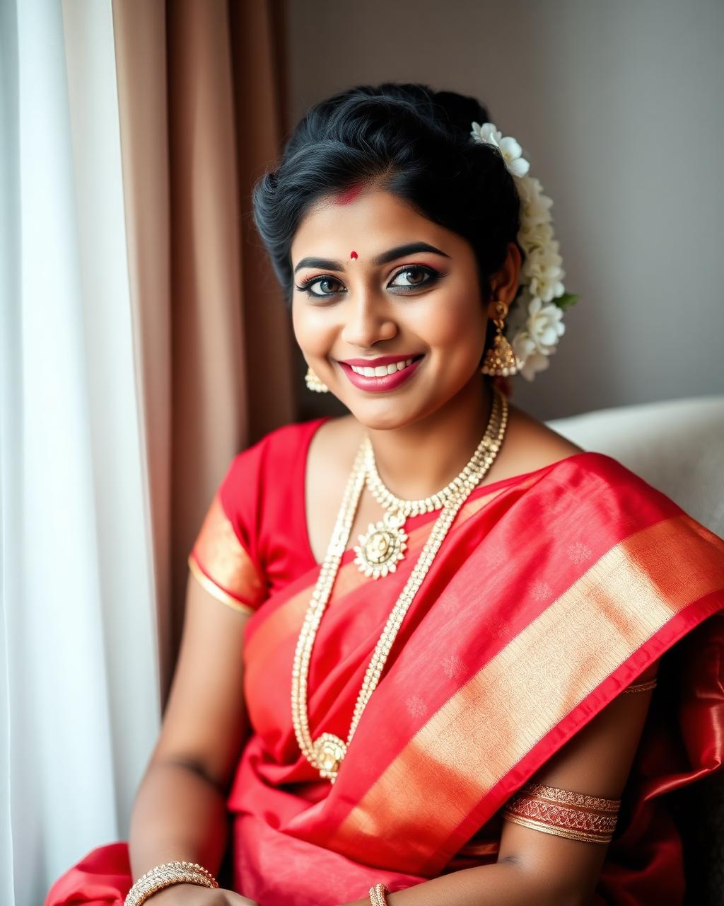 South Indian bride in a red saree bridal portrait